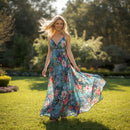 Azure Petal Garden Printed Sleeveless Flowing Maxi Dress