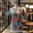 Women's Multicolor Garden Floral Print Crew Neck Short Sleeve T-Shirt